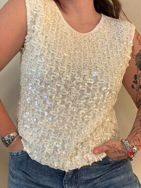 Vintage 60s White Sleeveless Sequin Knit Tank M